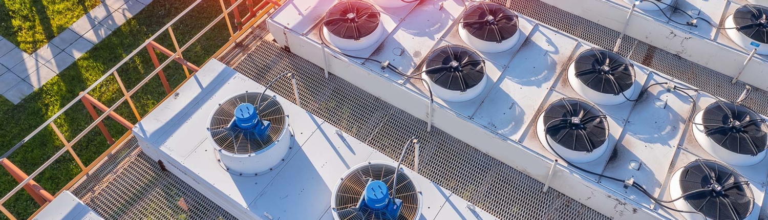 Industry equipment Air conditioning of plant, drone aerial top view of roof