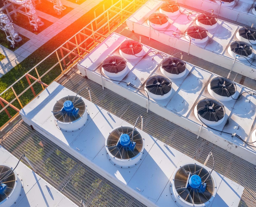 Industry equipment Air conditioning of plant, drone aerial top view of roof